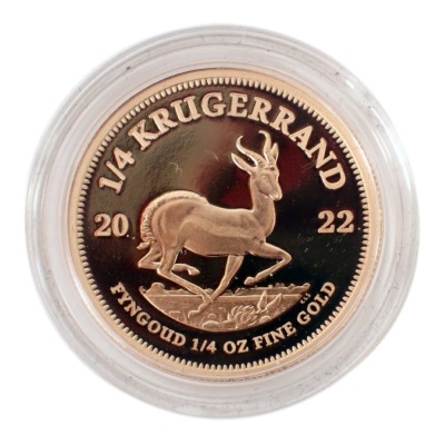 A South African Mint 2022 quarter ounce gold Krugerrand proof coin, number 573, with certificate, boxed.