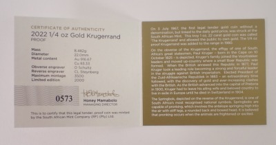 A South African Mint 2022 quarter ounce gold Krugerrand proof coin, number 573, with certificate, boxed. - 3