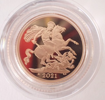 A Royal Mint full gold sovereign dated 2021, in presentation case, with certificate number 5295. - 2