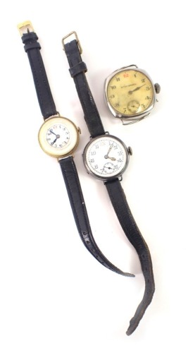 Three wristwatches, comprising a 1950s/60s silver cased gentleman's wristwatch on a leather strap, 27.4g all in, a mother of pearl faced and gilt outer border ladies wristwatch, and a Sitex Sports wristwatch head, in stainless steel case. (3)