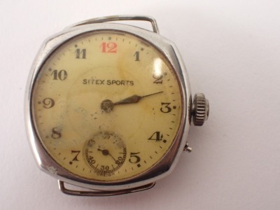 Three wristwatches, comprising a 1950s/60s silver cased gentleman's wristwatch on a leather strap, 27.4g all in, a mother of pearl faced and gilt outer border ladies wristwatch, and a Sitex Sports wristwatch head, in stainless steel case. (3) - 2