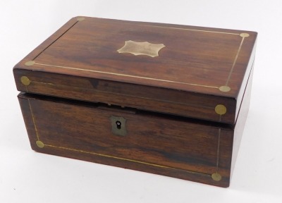 A 19thC mahogany cased mah-jong set, the outer box with brass inlay and central shield, opening to reveal a red lined interior with instructions and plastic markers, 12cm high, 23cm wide, 15cm deep. - 2