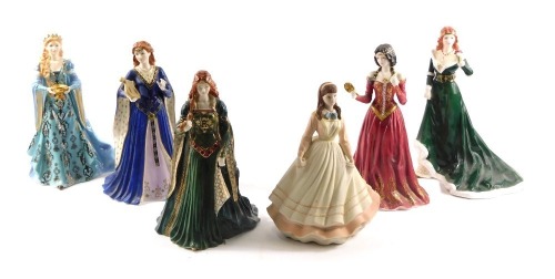 Six Royal Worcester and Coalport figures, comprising Royal Worcester The Rose of Camelot, The Chalice of Love, The Fair Maiden of Astolat, The Maiden of Dana, and The Princess of Cara, and a Coalport Danbury Mint Jo. (6)