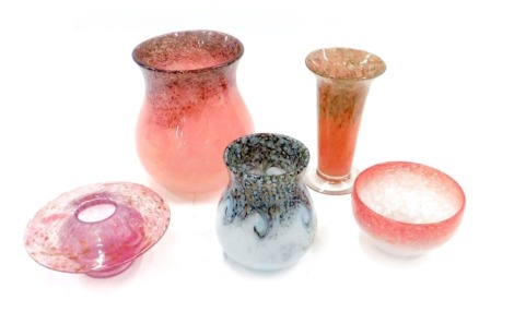 Monart and other Art Glass wares, comprising pink and gold glittered ovoid vase, 18cm high, trumpet vase, 16cm high, ash bowl, 14cm wide, tea bowl, 12cm wide, and a grey and black squat vase, 13cm high. (5)