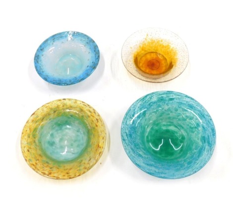 A group of Monart and other Art Glass dishes, each with a blue/turquoise decoration, with gilt highlights, the largest 18cm diameter.