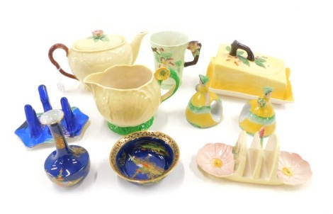 Carltonware ceramics, comprising tea pot, toast rack, butter dish, and cover, tea cup, a Carltonware lustre bowl and miniature vase, etc.