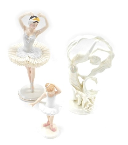 Three ceramic figures, comprising a Royal Doulton Little Ballerina, 16cm high, a Franklin Mint Swan Lake figure, 29cm high, and a Royal Worcester Spirit of Dance, number 3180/5000, 25cm high. (3)