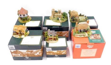 Six Lilliput Lane cottages, comprising Donkey Sanctuary, Marigold Meadow, Caesar's Tower and the Barbican, Anyone for Tennis, Laces Shoe Shop, and Sweet Lavender, boxed with deeds. (6)