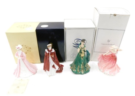 A Coalport figure of Emily, Royal Worcester Celebration of Queen Elizabeth's 80th Birthday, a Royal Worcester Emerald Princess, and Compton and Woodhouse figure of Meg. (4, boxed)