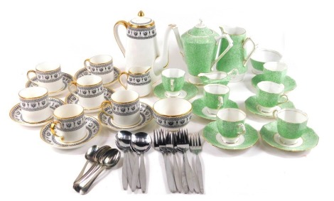 A Crown Staffordshire black Victoria pattern coffee service, comprising coffee pot, six coffee cans and saucers, milk jug, sugar bowl, small group of plated cutlery, and a Tuscan china green mottled pattern service. (2)