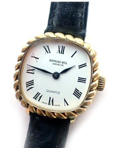 A Raymond Weil wristwatch, with a square set white Roman numeric dial, and twist outer border in gold plated on stainless steel back with black leather strap.