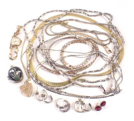 Silver and other jewellery, comprising silver hoop earrings, silver neck chains, white metal neck chains unmarked, gold plated shield locket, wristwatch, etc. (a quantity)