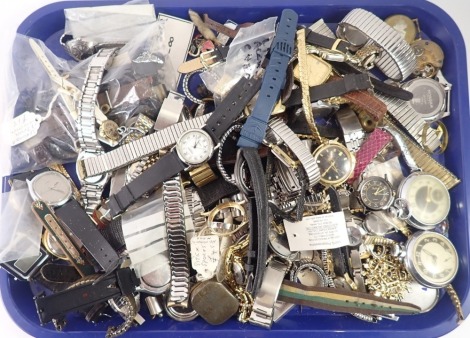 A quantity of ladies and gentleman's wristwatches and pocket watches, comprising Ingersoll pocket watches, Casio Marina Euro 96, and others. (1 tray)