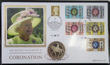 A Harrington and Byrne 2022 Queen Elizabeth II coronation anniversary silver proof coin cover, in black presentation case.