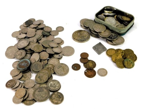 Pre-decimal coinage, comprising shillings, two shillings, three pence pieces, Polish coinage, franks, half crowns, an SAS type Who Dares Wins parachute badge, etc. (1 tray)