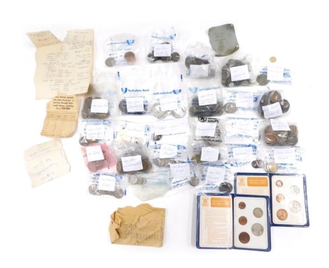 A quantity of collectors coins, commemorative crowns, pennies, half pennies, six pence pieces, three pence pieces, Britain's first decimal coin packs, etc. (1 box)