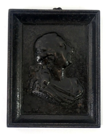 A 19thC cast iron portrait plaque of Mozart, in a rectangular moulded frame, bearing signature, 12.5cm x 9.5cm.