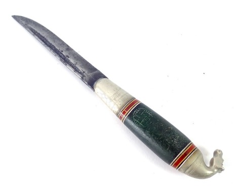 A German Third Reich related knife, with a stainless steel handle moulded with a horse, with green leather scabbard with markings, on steel blade, 16cm long.