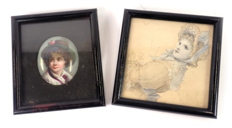 Two 19thC and later miniatures, comprising a Continental porcelain plaque, depicting child in green cap, in black bordered frame, 10cm x 8.5cm, and a print of a maiden in blue dress, 9.5cm x 9.5cm. (2)