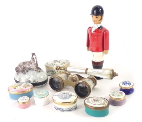 Halcyon Day and other enamel pill boxes, comprising Orient Express, Violets, The Best is Yet to Come, Bilson Enamel, Token of Affection, and others, a wooden huntsman figure, a Limoges horse trinket box, and a set of mother of pearl handled opera glasses.