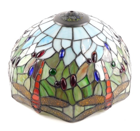 A Tiffany style lamp shade, with orange and red dragonfly detail, with green and blue tiles, 41cm diameter.