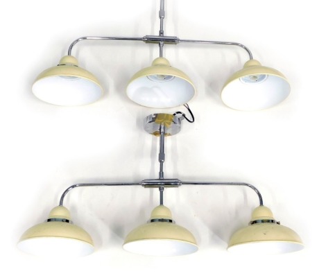 A pair of three vintage branch chrome and cream shaded ceiling lights, 37cm high, 62cm wide.