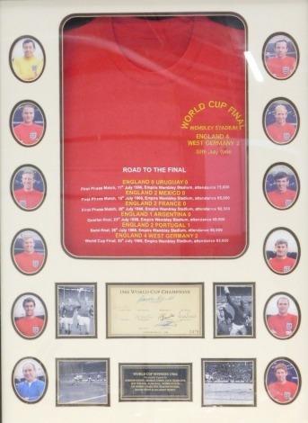 A commemorative England Football World Cup Final commemorative shirt, England 4, West Germany 2, 1st July 1966, with details and the matches on the road to the final, limited edition, with photographs of the team and the match, and certificate signed by G