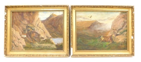 JR Chilvers (British, 20thC). Landscape with golden eagles and chicks, golden eagles with dead stag, pair of oils on canvas, signed, 34cm x 45cm.