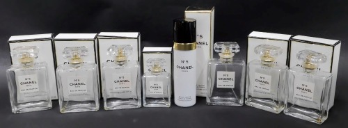 Five empty Chanel No 5 eau de parfum bottles, 100ml, boxed, a