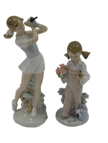 A Lladro porcelain figure of a girl, aside watering can holding bird and flowers, number 5217, printed and impressed marks beneath, 19cm high, and a Nao figure of a golfer. (2)