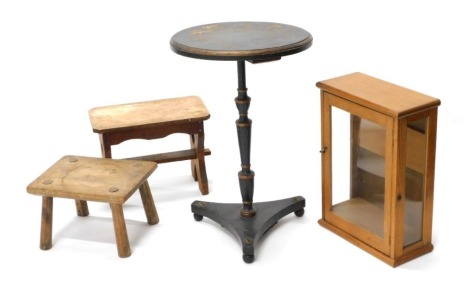 Four small pieces of furniture, including two stools, display cabinet, and Victorian ebonised pedestal table.