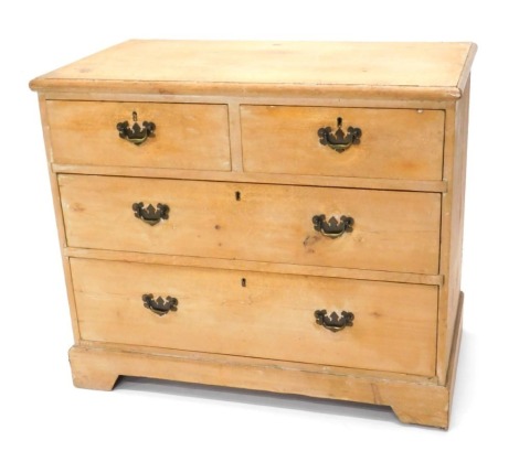 A Victorian stripped pine chest, of two short and two long drawers, on bracket feet, 90cm wide.