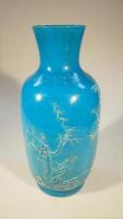 A Chinese turquoise blue ground crackle glazed large vase moulded in relief with a shepherd and tree