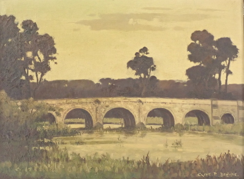 Clive Richard Browne (1901-1991). River scene, bridge, oil on canvas, signed, 30cm x 40cm. Artist label verso.