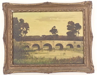 Clive Richard Browne (1901-1991). River scene, bridge, oil on canvas, signed, 30cm x 40cm. Artist label verso. - 2