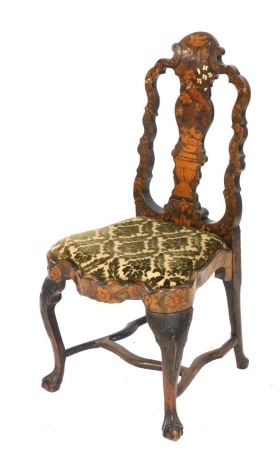 An 18thC Dutch marquetry inlaid salon chair, the carved back with a vase shaped splat, inlaid with a vase of flowers, birds and trailing flowers and leaves, serpentine seat with drop in cushion, similarly inlaid, raised on foliate carved cabriole legs, on