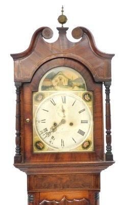 A Georgian oak and mahogany longcase clock by William Green of Grantham, the enamelled break arch dial painted with an homestead and shell spandrels, dial bearing Roman numerals, subsidiary seconds dial, eight day two train movement with bell strike, the - 2