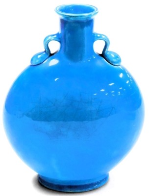 A late 19thC Minton turquoise pottery moon flask, impressed and incised marks, 31cm high. - 2