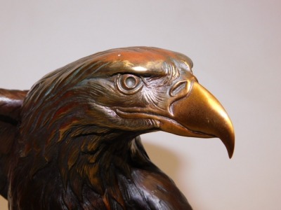 An American bronze of a bald eagle "Vigilance", modelled by Doctor Robert Taylor, perched on a black marble block, and oak plinth, signed and titled, 40cm high. - 2