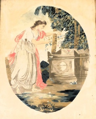 A Georgian silk work picture, depicting a woman in classical attire, sprinkling flowers over the tomb of Shakespeare, gilt wood framed, 37.5cm x 30cm.