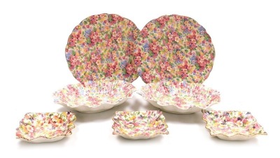 Three early 20thC James Kent du Barry pattern square dishes, sheet decorated with flowers, together with a pair of oval dishes and a pair of plates, decorated in a floral sheet pattern, unmarked. (7)