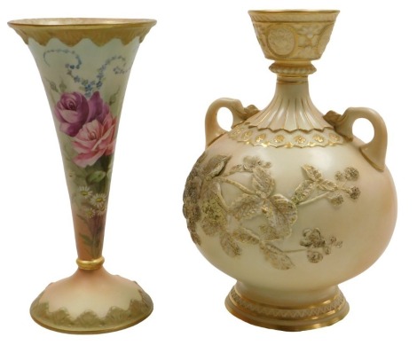 A late 19thC Royal Worcester blush porcelain vase, c1888, of twin handle baluster form, moulded with blackberries, model no. 1109, printed marks, 23cm high, together with a late 19thC Locke and Company Worcester porcelain vase, of trumpet form, painted by