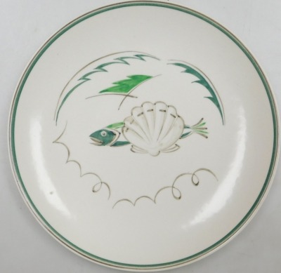 A late 20thC Poole pottery fish service, decorated with fish, a crayfish, crab, snail and shells, comprising an oval dish and six plates, printed marks. - 2