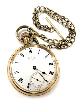 A Waltham gold plated gentleman's pocket watch, open faced, key less wind, circular enamel dial bearing Roman numerals, subsidiary seconds dial, 17 jewelled movement no. 16759617, the case of plain form, on an oval link Albert chain, with T-bar and two lo