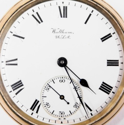 A Waltham gold plated gentleman's pocket watch, open faced, key less wind, circular enamel dial bearing Roman numerals, subsidiary seconds dial, 17 jewelled movement no. 16759617, the case of plain form, on an oval link Albert chain, with T-bar and two lo - 2