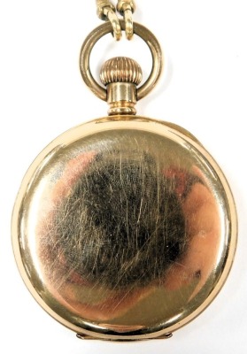 A Waltham gold plated gentleman's pocket watch, open faced, key less wind, circular enamel dial bearing Roman numerals, subsidiary seconds dial, 17 jewelled movement no. 16759617, the case of plain form, on an oval link Albert chain, with T-bar and two lo - 3