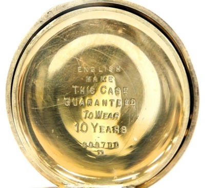 A Waltham gold plated gentleman's pocket watch, open faced, key less wind, circular enamel dial bearing Roman numerals, subsidiary seconds dial, 17 jewelled movement no. 16759617, the case of plain form, on an oval link Albert chain, with T-bar and two lo - 5