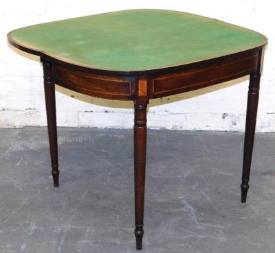 A George III mahogany demi-lune fold over card table, with satinwood crossbanding, opening to reveal a baize interior, raised on turned legs, 73cm high, 91cm wide, 45cm deep. - 2