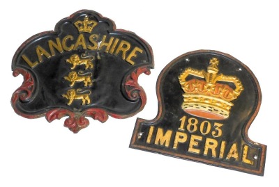 Two fire marks for Imperial and Lancashire, the Imperial 1803 mark, tin, (Addis Ref 40E(i)) the Lancashire mark, copper (Addis Ref 80A). (2). N.B. - This lot and the following lots through to 180 are from the Henry Russell Collection of fire marks and ass