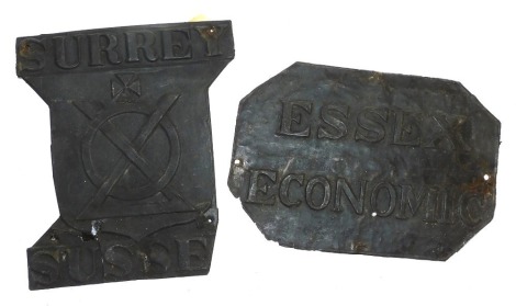 Two fire marks for Essex Economic and Surrey & Sussex, both copper, the Essex Economic (Addis Ref 66B (i)), and the Surrey & Sussex (Addis Ref 82A).